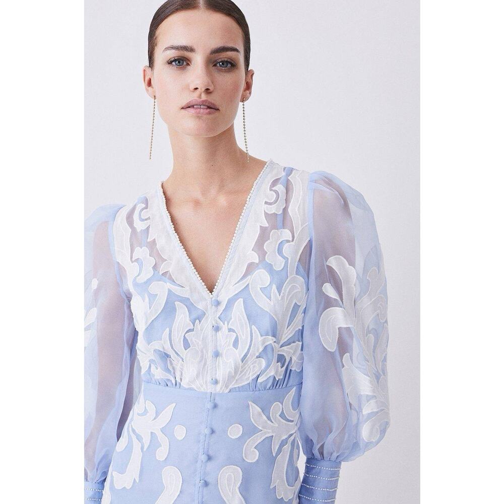 NWT Karen Millen Blue Applique Organza Buttoned Midi Dress Balloon Sleeves 12 - Picture 2 of 8